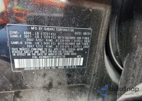 2021 Subaru Ascent Limited из США, поврежденный, VIN 4S4WMAPD1M3468736